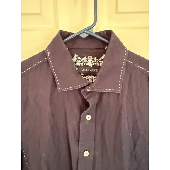 Zagiri Men's Navy Blue Embroidered Stitching Button Down Shirt Size XL - Picture 2 of 6